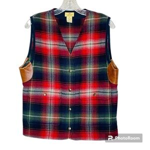 Limited America Vintage Wool Plaid Snap Leather Patches Americana Western Vest